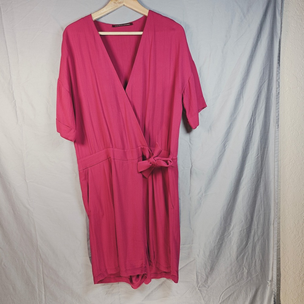 Comptoir des Cotonniers V Neck Faux Wrap Jumpsuit Shorts Bright Pink Tie Waist